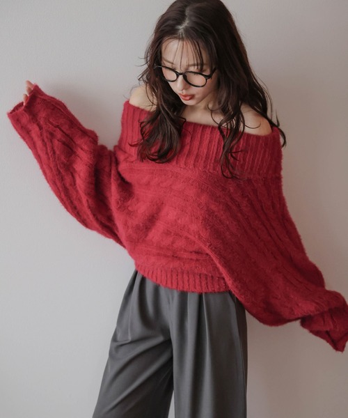 AMELY（エミリー）の「2WAYケーブル編みニット（ニット/セーター・レディース・ベージュ/レッド/ライトグレー/ブラック・フリー）」の8枚目の写真