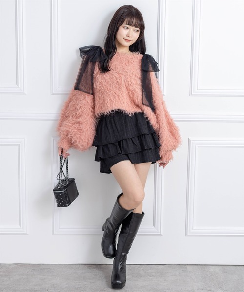 clear（クリア）の「肩チュールリボンニットトップス[着回し力抜群 ガーリー]（ニット/セーター・レディース・グレー/オフホワイト/ピンク・F）」の10枚目の写真