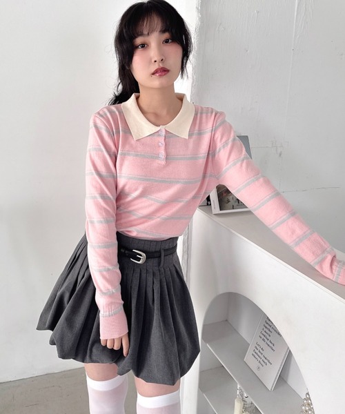 Loueme（ルエム）の「ボーダーポロトップス（Tシャツ/カットソー・レディース・ホワイト/ネイビー/グレー/ピンク・FREE）」の4枚目の写真