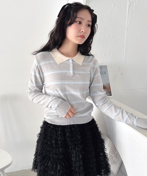 Loueme（ルエム）の「ボーダーポロトップス（Tシャツ/カットソー・レディース・ホワイト/ネイビー/グレー/ピンク・FREE）」の5枚目の写真