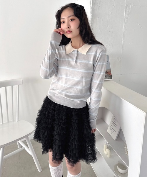 Loueme（ルエム）の「ボーダーポロトップス（Tシャツ/カットソー・レディース・ホワイト/ネイビー/グレー/ピンク・FREE）」の6枚目の写真
