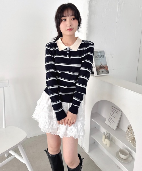 Loueme（ルエム）の「ボーダーポロトップス（Tシャツ/カットソー・レディース・ホワイト/ネイビー/グレー/ピンク・FREE）」の16枚目の写真