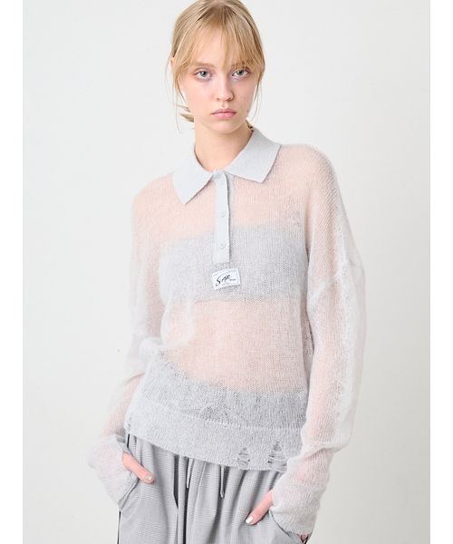 SORIN（ソリン　）の「Sheer Mohair Damage Polo/シアーモヘア ダメージポロシャツ（ポロシャツ・レディース・ライトピンク/ダークグレー/ミント・38）」の4枚目の写真