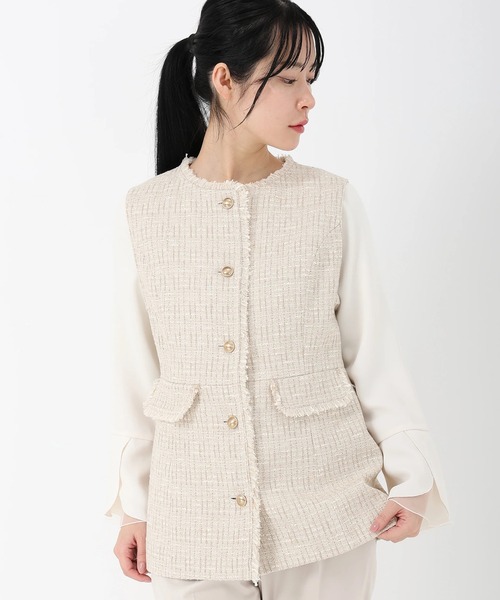 STRAWBERRY-FIELDS（ストロベリーフィールズ）の「ナチュラルファンシー_ツイードジレ（ノーカラージャケット・レディース・ベージュ/ネイビー系・2）」の2枚目の写真