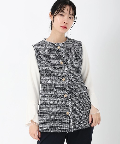 STRAWBERRY-FIELDS（ストロベリーフィールズ）の「ナチュラルファンシー_ツイードジレ（ノーカラージャケット・レディース・ベージュ/ネイビー系・2）」の3枚目の写真