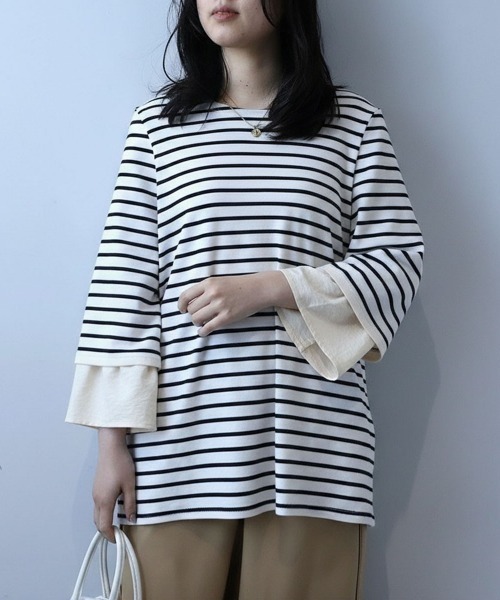 leswel(レスウェル)の「【L~5L 大きいサイズ】キャンディースリーブボーダープルオーバー(Tシャツ/カットソー・レディース・オフホワイト/ブルー/ブラック・L/LL/3L/4L/5L)」の1枚目の写真