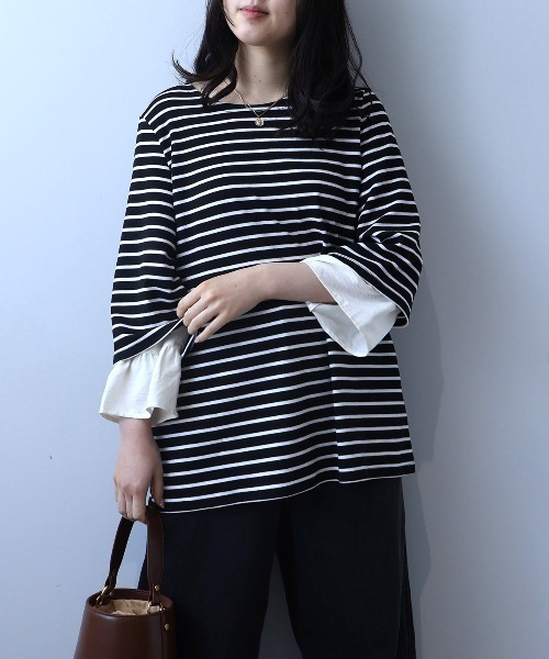 leswel(レスウェル)の「【L~5L 大きいサイズ】キャンディースリーブボーダープルオーバー(Tシャツ/カットソー・レディース・オフホワイト/ブルー/ブラック・L/LL/3L/4L/5L)」の2枚目の写真