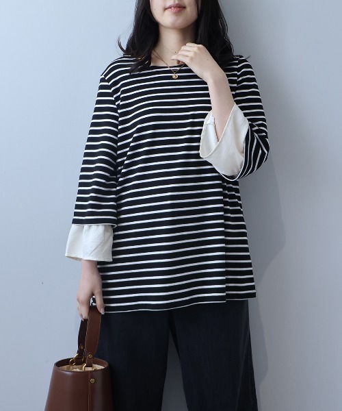 leswel(レスウェル)の「【L~5L 大きいサイズ】キャンディースリーブボーダープルオーバー(Tシャツ/カットソー・レディース・オフホワイト/ブルー/ブラック・L/LL/3L/4L/5L)」の16枚目の写真