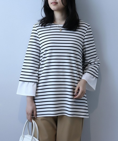 leswel(レスウェル)の「【L~5L 大きいサイズ】キャンディースリーブボーダープルオーバー(Tシャツ/カットソー・レディース・オフホワイト/ブルー/ブラック・L/LL/3L/4L/5L)」の6枚目の写真