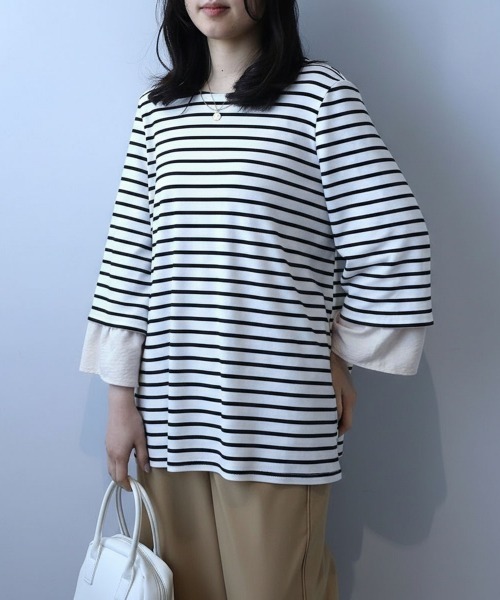 leswel(レスウェル)の「【L~5L 大きいサイズ】キャンディースリーブボーダープルオーバー(Tシャツ/カットソー・レディース・オフホワイト/ブルー/ブラック・L/LL/3L/4L/5L)」の7枚目の写真