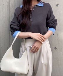 【26年春夏新作】配色デザインフェイクレイヤードシアーポロ襟ニットトップス