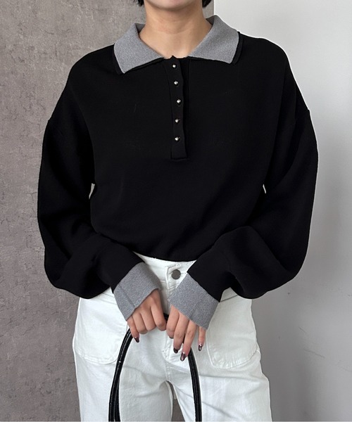 Maison Calme(メゾンカルム)の「【26年春夏新作】配色デザインフェイクレイヤードシアーポロ襟ニットトップス(ニット/セーター・レディース・チャコール/ブラック/ホワイト・F)」の2枚目の写真