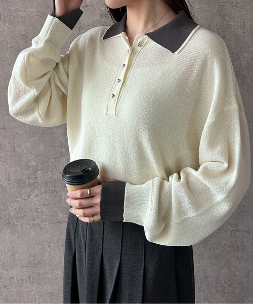 Maison Calme(メゾンカルム)の「【26年春夏新作】配色デザインフェイクレイヤードシアーポロ襟ニットトップス(ニット/セーター・レディース・チャコール/ブラック/ホワイト・F)」の17枚目の写真