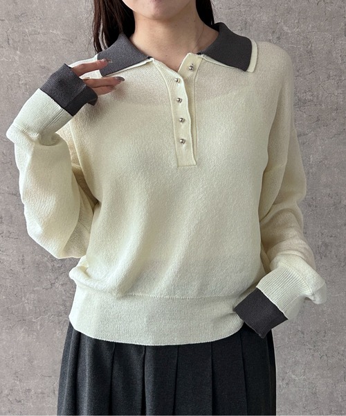 Maison Calme(メゾンカルム)の「【26年春夏新作】配色デザインフェイクレイヤードシアーポロ襟ニットトップス(ニット/セーター・レディース・チャコール/ブラック/ホワイト・F)」の9枚目の写真