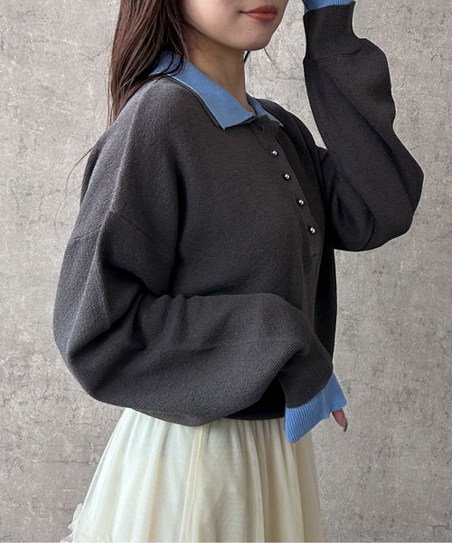 Maison Calme(メゾンカルム)の「【26年春夏新作】配色デザインフェイクレイヤードシアーポロ襟ニットトップス(ニット/セーター・レディース・チャコール/ブラック/ホワイト・F)」の14枚目の写真