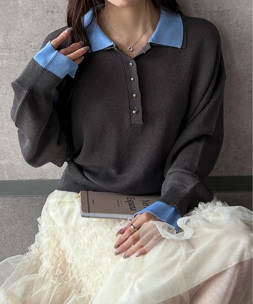 Maison Calme(メゾンカルム)の「【26年春夏新作】配色デザインフェイクレイヤードシアーポロ襟ニットトップス(ニット/セーター・レディース・チャコール/ブラック/ホワイト・F)」の11枚目の写真