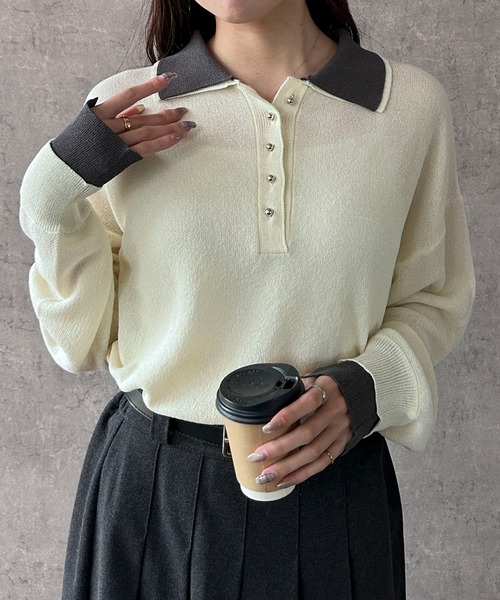 Maison Calme(メゾンカルム)の「【26年春夏新作】配色デザインフェイクレイヤードシアーポロ襟ニットトップス(ニット/セーター・レディース・チャコール/ブラック/ホワイト・F)」の18枚目の写真