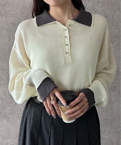 Maison Calme(メゾンカルム)の「【26年春夏新作】配色デザインフェイクレイヤードシアーポロ襟ニットトップス(ニット/セーター・レディース・チャコール/ブラック/ホワイト・F)」の19枚目の写真