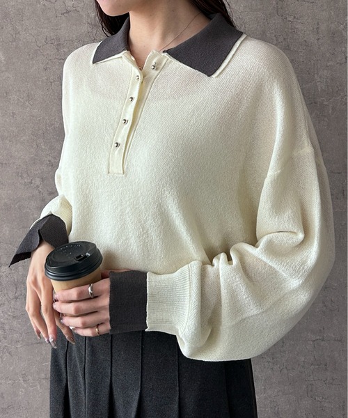 Maison Calme(メゾンカルム)の「【26年春夏新作】配色デザインフェイクレイヤードシアーポロ襟ニットトップス(ニット/セーター・レディース・チャコール/ブラック/ホワイト・F)」の20枚目の写真