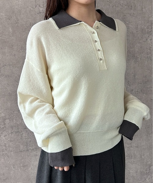 Maison Calme(メゾンカルム)の「【26年春夏新作】配色デザインフェイクレイヤードシアーポロ襟ニットトップス(ニット/セーター・レディース・チャコール/ブラック/ホワイト・F)」の21枚目の写真