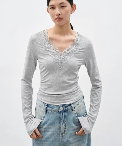 EIGHTHMONTH(エイスマンス)の「レースVネックロングスリーブトップス EM26s021【EIGHTHMONTH】(Tシャツ/カットソー・レディース・ブラック/グレー・S/M)」の9枚目の写真