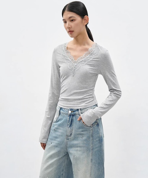 EIGHTHMONTH(エイスマンス)の「レースVネックロングスリーブトップス EM26s021【EIGHTHMONTH】(Tシャツ/カットソー・レディース・ブラック/グレー・S/M)」の12枚目の写真