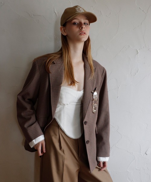 mieya mieya（ミーヤミーヤ）の「【mieya mieya】PREPPY CUFFS JK/プレッピーカフスジャケット（テーラードジャケット・レディース・ネイビー/チェック/キャメル・FREE）」の3枚目の写真