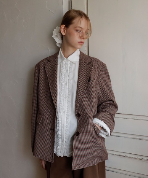 mieya mieya（ミーヤミーヤ）の「【mieya mieya】PREPPY CUFFS JK/プレッピーカフスジャケット（テーラードジャケット・レディース・ネイビー/チェック/キャメル・FREE）」の4枚目の写真