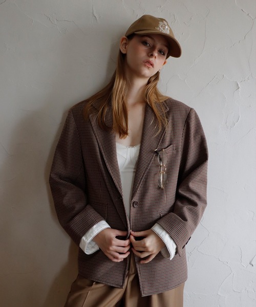 mieya mieya（ミーヤミーヤ）の「【mieya mieya】PREPPY CUFFS JK/プレッピーカフスジャケット（テーラードジャケット・レディース・ネイビー/チェック/キャメル・FREE）」の10枚目の写真