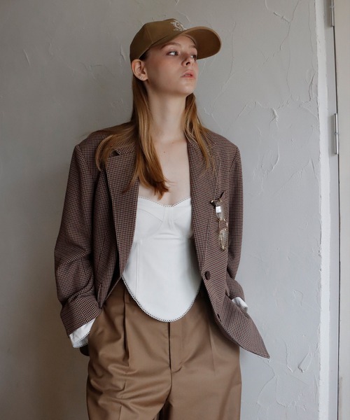 mieya mieya（ミーヤミーヤ）の「【mieya mieya】PREPPY CUFFS JK/プレッピーカフスジャケット（テーラードジャケット・レディース・ネイビー/チェック/キャメル・FREE）」の13枚目の写真