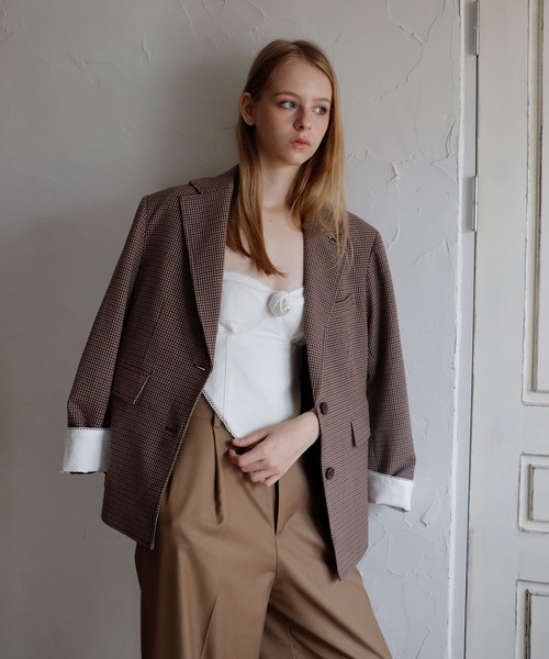 mieya mieya（ミーヤミーヤ）の「【mieya mieya】PREPPY CUFFS JK/プレッピーカフスジャケット（テーラードジャケット・レディース・ネイビー/チェック/キャメル・FREE）」の21枚目の写真