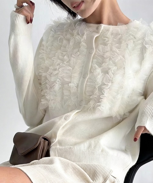 ONEP STAR（ワンピスター）の「フロントフリルカーディガン（カーディガン/ボレロ・レディース・ブラック/グレー/ベージュ・FREE）」の6枚目の写真