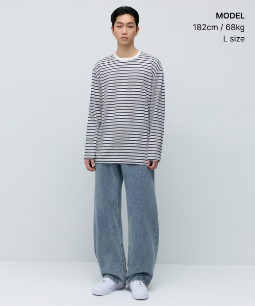 MUSINSA STANDARD（ムシンサスタンダード）の「マルチストライプリラックスド長袖Tシャツ5 [アイボリー]（Tシャツ/カットソー・メンズ・その他・MEDIUM/LARGE/X-LARGE/2XL/3XL/SMALL）」の2枚目の写真