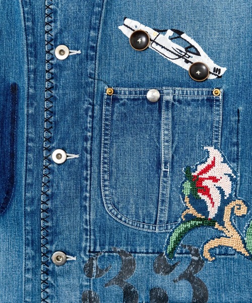 KHOKI（コッキ）の「【KHOKI/コッキ】Hand-Embroidered Denim Coverall（デニムジャケット・メンズ・ブラック/インディゴブルー・3/2）」の10枚目の写真