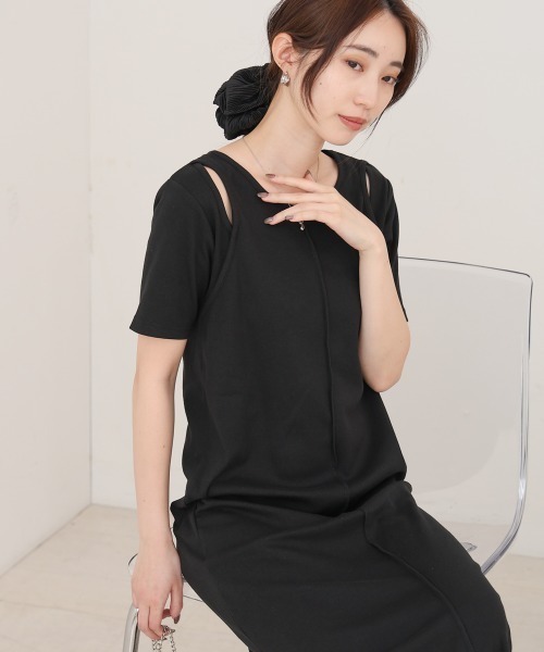 Bab(バブ)の「リブカットソーレイヤード風半袖ワンピース(ワンピース・レディース・杢グレー/ブラック/アイボリー/ブラウン・FREE)」の6枚目の写真