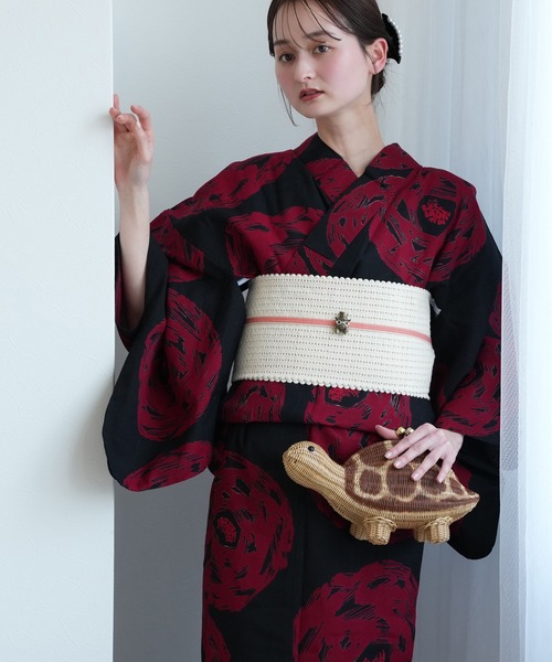 手染め注染浴衣3点セット utatane×注染工房 黒に紅赤 緋輪