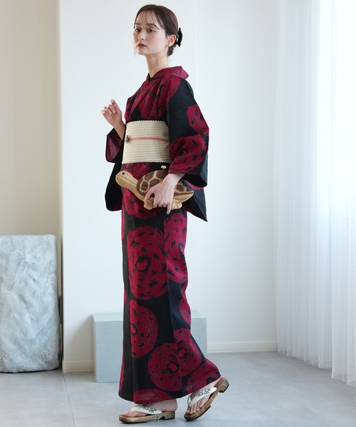 手染め注染浴衣3点セット utatane×注染工房 黒に紅赤 緋輪（浴衣