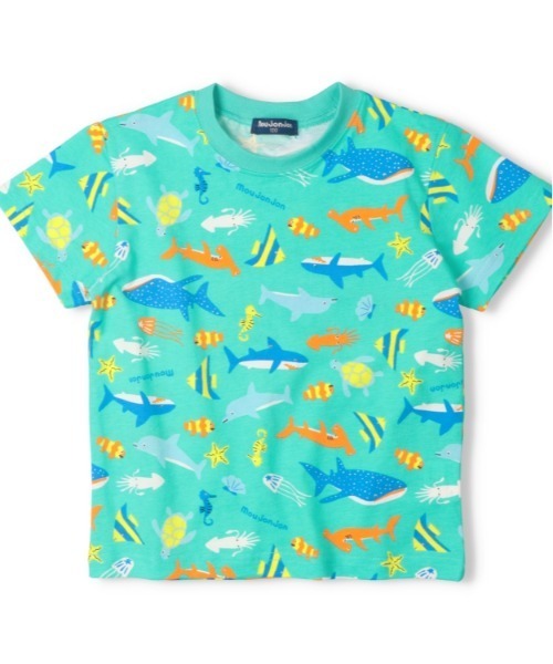 Moujonjon(ムージョンジョン)の「虹・海の生き物総柄Tシャツ(Tシャツ/カットソー・キッズ・ホワイト/エメラルド・80/90/100/110/120)」の2枚目の写真