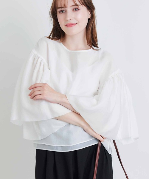 PICCIN PERLA(ピッチンペルラ)の「ダブルシアージュディブラウス(シャツ/ブラウス・レディース・グレイッシュベージュ/ブラック/オフホワイト・M)」の1枚目の写真