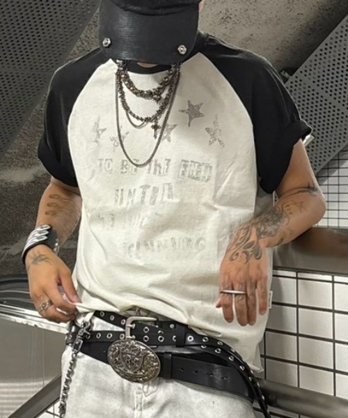 Never mind the XU（ネバーマインドザエックスユー）の「【Never mind the XU】star print raglan T-shirt / 【ネバーマインド ザ エックスユー】スタープリントラグラン半袖Tシャツ（Tシャツ/カットソー・メンズ・ホワイト/ブラック・M）」の7枚目の写真