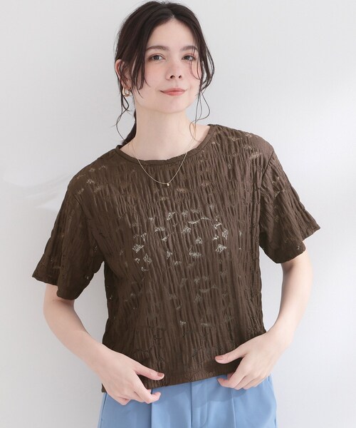 OPAQUE.CLIP(オペークドットクリップ)の「レースジャカードカットソー【洗濯機OK】(Tシャツ/カットソー・レディース・ホワイト/チャコールグレー/ブラウン系その他/イエロー系その他・38/42/40)」の3枚目の写真
