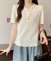 カラーボタン リブポロトップス / ポロ襟 半袖リブカットソー
