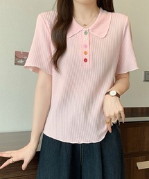 カラーボタン リブポロトップス / ポロ襟 半袖リブカットソー