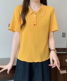 カラーボタン リブポロトップス / ポロ襟 半袖リブカットソー