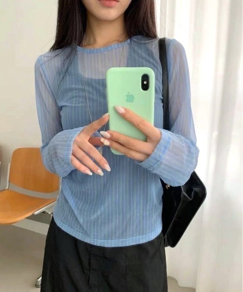 Vipoa(ヴィポア)の「stripe sheer tops(Tシャツ/カットソー・レディース・ブルー/グリーン・FREE)」の2枚目の写真
