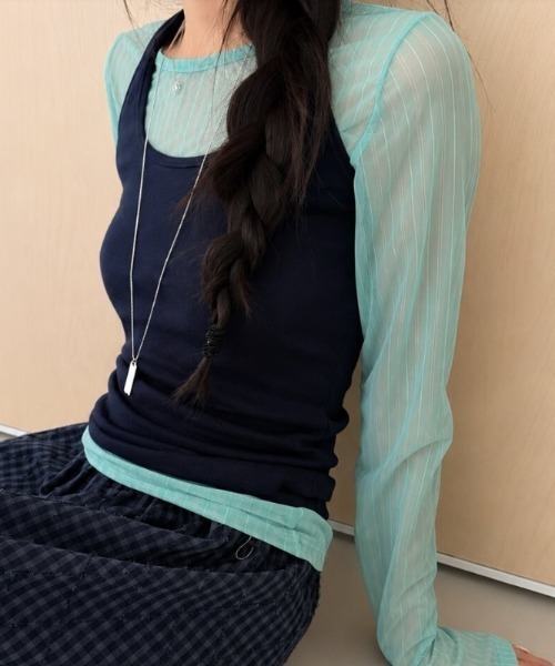 Vipoa(ヴィポア)の「stripe sheer tops(Tシャツ/カットソー・レディース・ブルー/グリーン・FREE)」の1枚目の写真