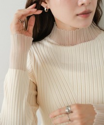 袖シアー使いリブニットプチハイネックトップス