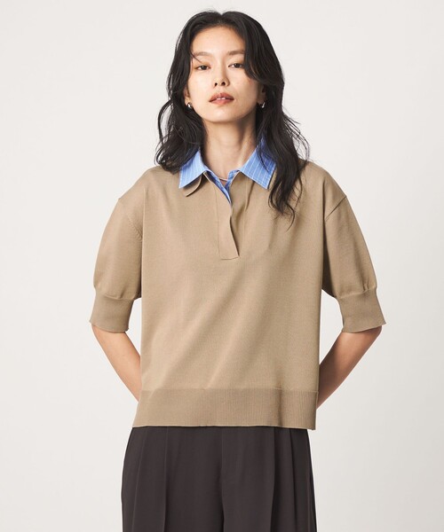 green label relaxing(グリーンレーベルリラクシング)の「2WAY スキッパー シャツ プルオーバー ニット 5分袖(ニット/セーター・レディース・グレー/ベージュ/ネイビー・FREE)」の2枚目の写真