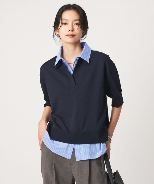 green label relaxing(グリーンレーベルリラクシング)の「2WAY スキッパー シャツ プルオーバー ニット 5分袖(ニット/セーター・レディース・グレー/ベージュ/ネイビー・FREE)」の3枚目の写真