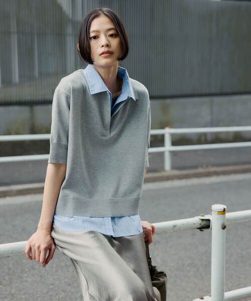 green label relaxing(グリーンレーベルリラクシング)の「2WAY スキッパー シャツ プルオーバー ニット 5分袖(ニット/セーター・レディース・グレー/ベージュ/ネイビー・FREE)」の1枚目の写真
